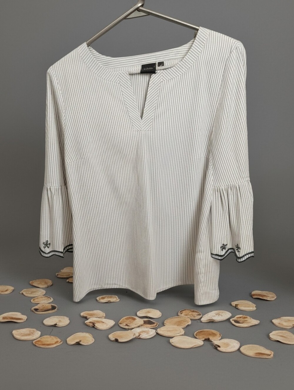 White Pinstripe Split-Neck Blouse with Bell Sleeves